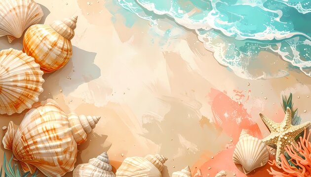 Seashells and starfish overhead view bordering sandy beach watercolor illustration in bright daylight on coastal ocean background.
