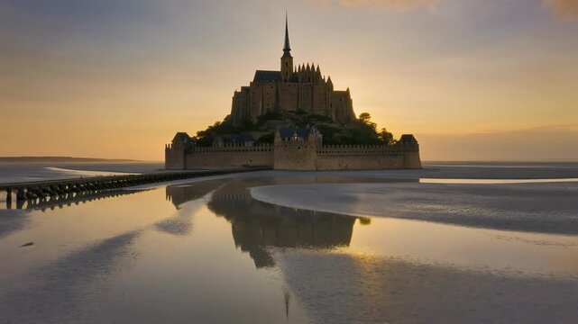 Atmospheric Cinematic Shot of Mont Saint-Michel at Dawn &ndash; Soft Sea Mist Wrapping Around the Abbey, Normandy France