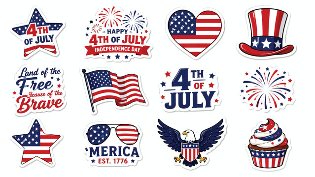 Patriotic 4th of July sticker set, 12 American Independence Day vector icons, red white and blue United States holiday graphics for scrapbooking