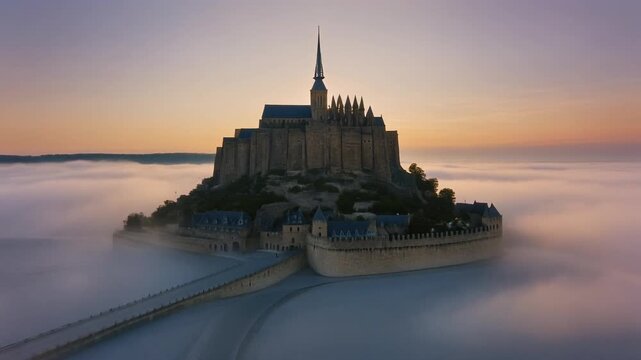 Atmospheric Cinematic Shot of Mont Saint-Michel at Dawn &ndash; Soft Sea Mist Wrapping Around the Abbey, Normandy France