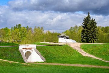 Old gates of the Velikiye Luki fortress with a war memorial, Pskov region of Russia © pdeminhiker