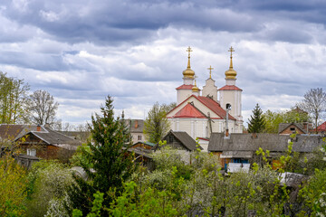 Aerial view of the domes of Trinity Church in Sebezh, Pskov region of Russia © pdeminhiker