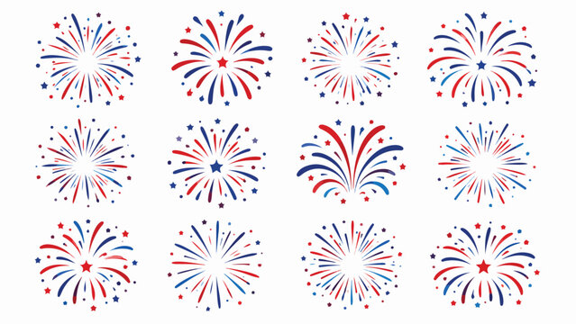 Patriotic red white and blue fireworks vector set, 12 festive firework bursts with stars, American holiday celebration icons for 4th of July