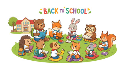 Fototapeta premium Cute Animals Reading Books in Front of School