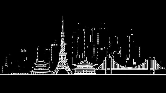 Skyline Animation of City Skyscrapers and Landmarks in Line Art