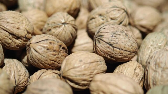 Close look at walnuts on table in bright light