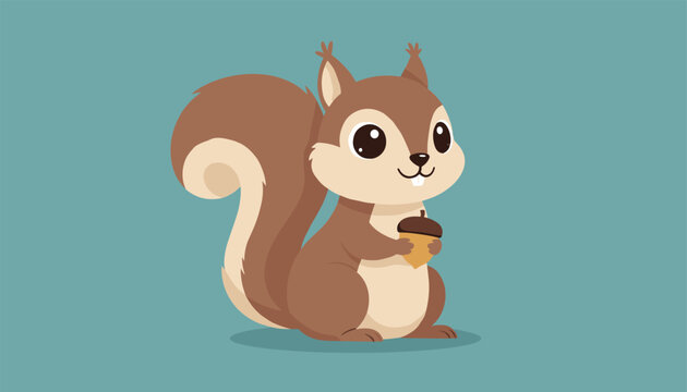 Adorable cartoon squirrel holding a small acorn and smiling happily against a solid dark teal background.