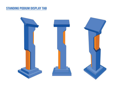 Modern 3D standing podium tablet kiosk mockup vector. Minimalist digital interactive display stand template with blank screen for event check-in, presentation, and retail registry.