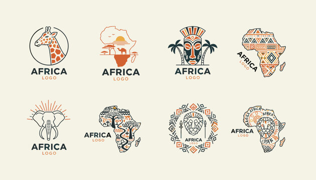 Collection of traditional and modern Africa logo designs featuring native wildlife, maps, masks, and ethnic patterns.