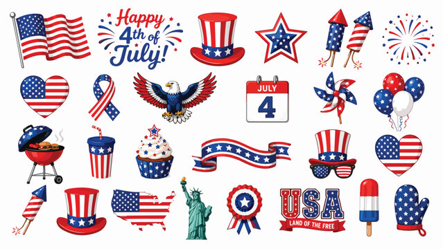 Fourth of July patriotic vector icons, 25 American Independence Day elements, red white and blue USA holiday clip art set