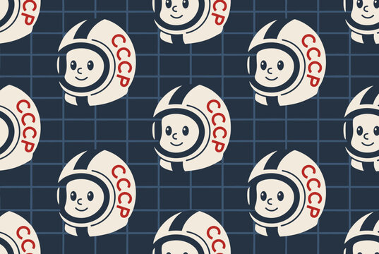 Retro Soviet space program pattern featuring cute cartoon astronauts wearing CCCP helmets on a grid background.