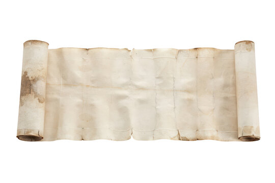 An old aged paper scroll with curled edges and stained texture, isolated on a white background, for historical or, fantasy document concepts