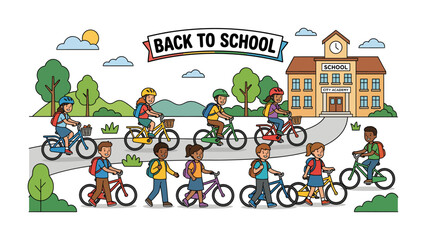 Fototapeta premium Back to School Excitement: A vibrant illustration depicts children of diverse backgrounds happily returning to school, riding bicycles and walking towards a charming school building under a sunny sky.