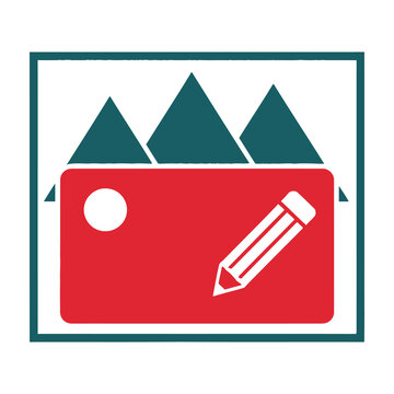 Minimalist Creative Design Icon Featuring a Pencil and Mountains Inside a Red Rounded Rectangle