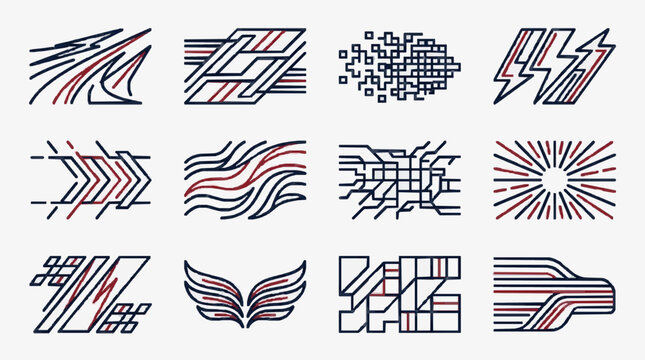 Minimalist Abstract Geometric Typography Designs with Bold Black and Red Lines on White with high quality professional line art symbols for modern creative design and digital branding projects