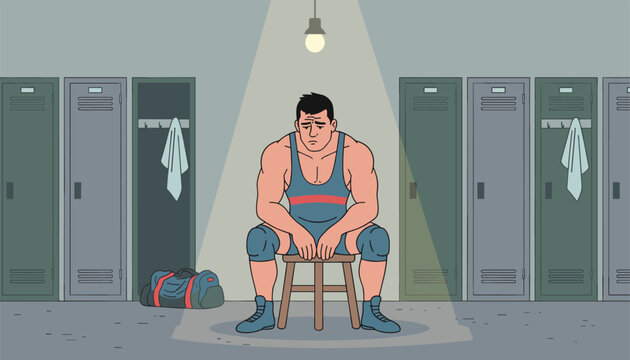 Tired or defeated athletic wrestler character sitting on a wooden stool under a single spotlight in a locker room.