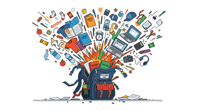 Explosion of School Supplies: A backpack bursts open, scattering an array of colorful school supplies and educational materials into a vibrant explosion of learning and creativity.
