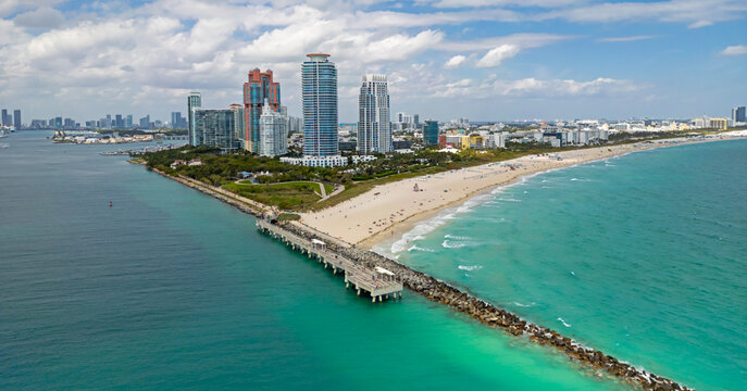 Miami city panorama with skyscrapers. Miami beach waterfront. Miami pier with south pointe. Miami shoreline.