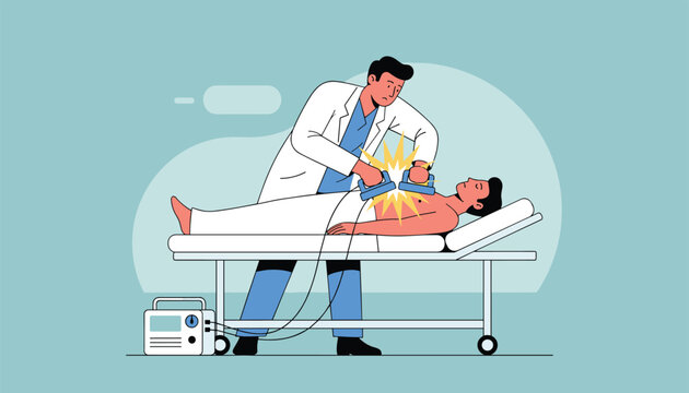 Male doctor or paramedic reviving an unconscious patient lying on a hospital bed with defibrillator shock paddles.