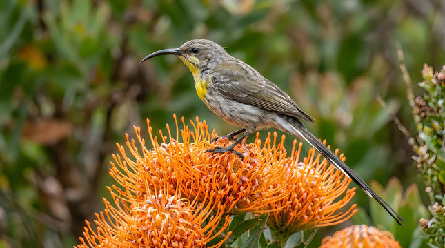 Sunbird Perched on Protea Flowers Wildlife Nature Scene