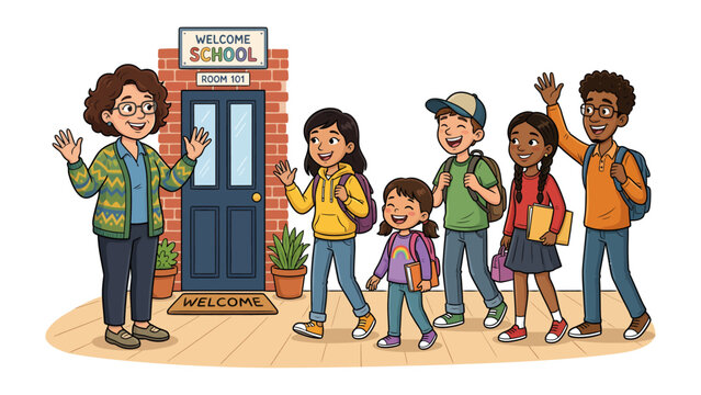 Welcome to School: A warm and inviting scene depicts a friendly teacher greeting a diverse group of happy students arriving at school, ready for a day of learning.