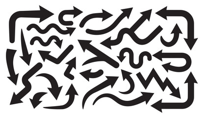 Fototapeta premium Creative hand drawn black arrows pointers set isolated on white doodle vector elements