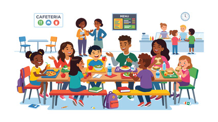 School Cafeteria Gathering: A lively illustration of children and adults enjoying lunch together in a bustling school cafeteria, filled with chatter, laughter, and diverse meals. © Rahimatul