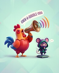Naklejka premium creative opposites adjectives designed Whimsical Rooster and Ninja Mouse Cartoon Illustration with Megaphone Sound Effect in Playful Pastel Colors for Children's Content