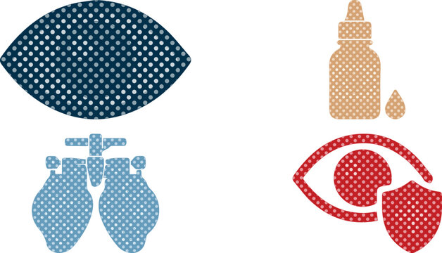 Ophthalmology medical icon set with halftone texture, eye care and vision health symbols, optometry equipment and eye drops vector collection isolated PNG with Transparent Background