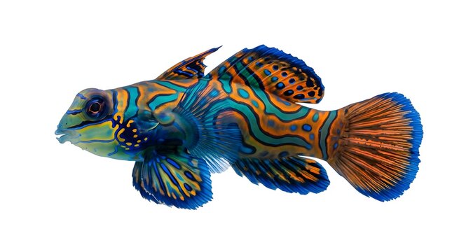 Mandarin fish, colorful exotic marine life, vibrant orange blue aquarium pet, reef dweller
