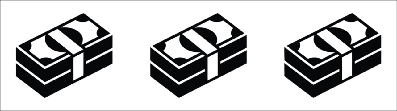 Money stack icons collection featuring three black and white cash pile designs, currency bill symbols, financial growth concepts, banking graphics and wealth management illustrations.