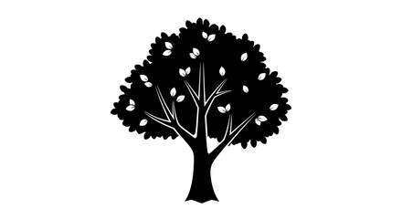 Deciduous tree with a dense canopy of leaves stands tall and provides a natural silhouette against a clean white background. © Berkah