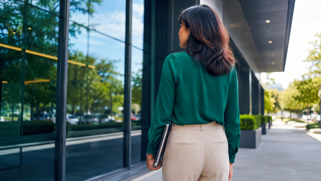 A professional woman strides purposefully towards a modern building, laptop in hand, embodying ambition and progress in the urban landscape.