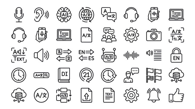 Black line icons for translation, language, and communication