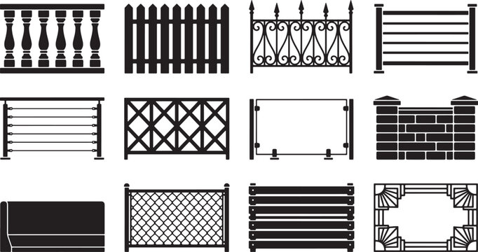 Set of fence and railing silhouettes featuring various architectural styles for garden boundary and balcony design elements
