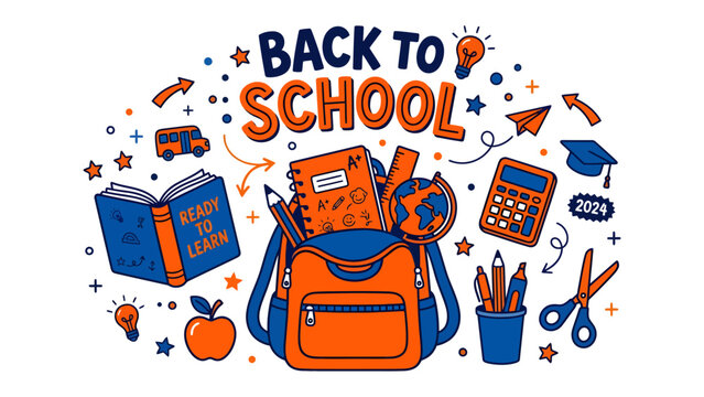 Back to School Excitement: A vibrant illustration captures the spirit of returning to school with a backpack filled with supplies, books, and stationery.
