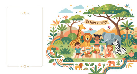 Fototapeta premium A colorful vector illustration depicting children having a fun safari picnic with a giraffe, lion, elephant, and zebra in a lush jungle setting.