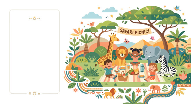 A colorful vector illustration depicting children having a fun safari picnic with a giraffe, lion, elephant, and zebra in a lush jungle setting.