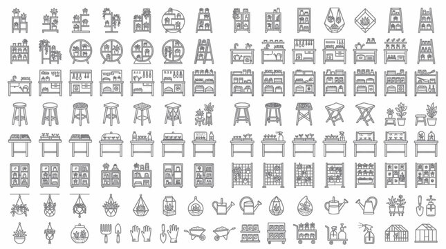 Collection of various gardening and furniture icons in a line style