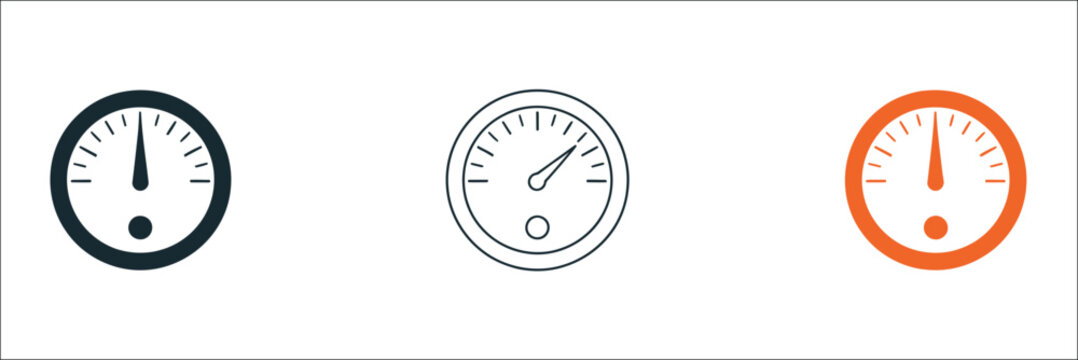Pressure gauge icons, three black and orange measurement symbols, industrial monitoring equipment graphics, meter dial illustrations, engineering and mechanical control concept isolated on white backg