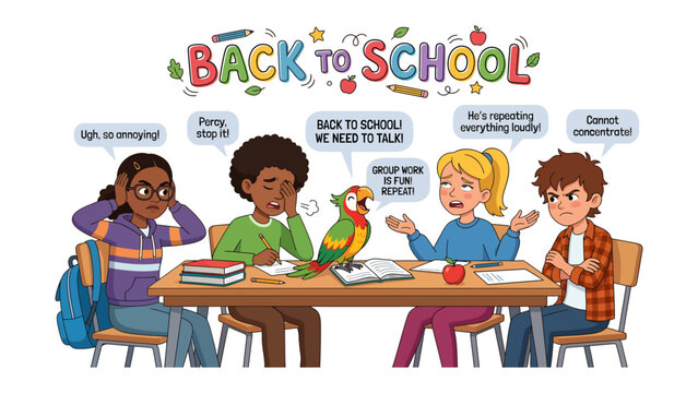 Back to School Chaos: A humorous illustration depicts four diverse schoolchildren and a chatty parrot at a table.