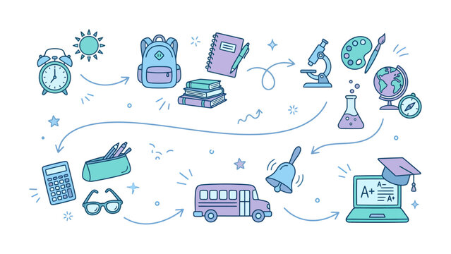 Back to School Journey: An illustrative representation of the educational journey, featuring school supplies, a bus, and scientific instruments, symbolizing the path of learning.