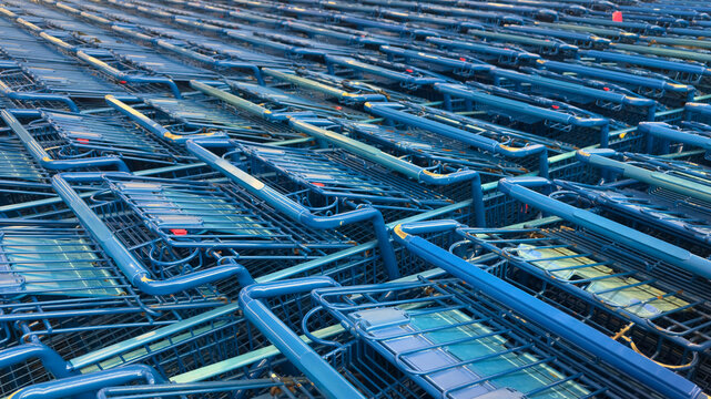Rows of blue shopping carts creating an abstract pattern