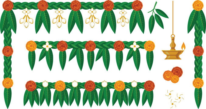 Indian festival decoration vector set with marigold flower toran mango leaves garland and hanging brass diya oil lampIndian festival decoration vector 