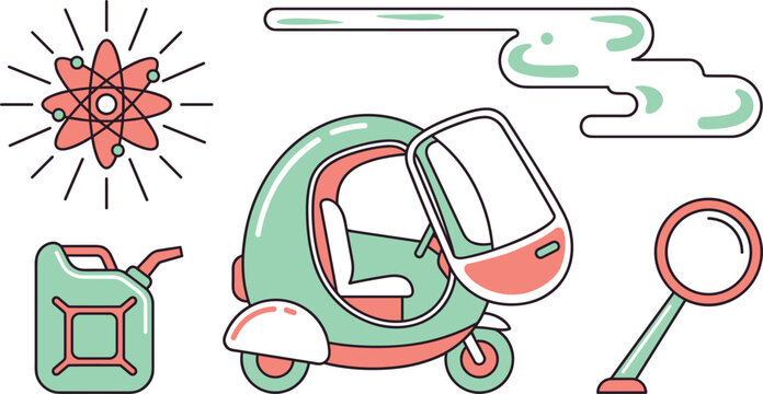 Futuristic eco electric micro car concept vector illustration set with science atom symbol jerrycan fuel and magnifying glassFuturistic eco electric micro car concept vector illustration set with 