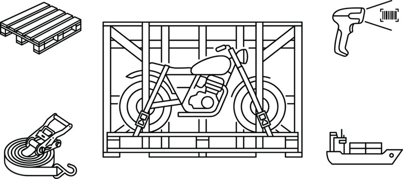 Motorcycle freight shipping logistics line icon set with motorbike wooden crate pallet tie down strap barcode scanner shipMotorcycle freight shipping 