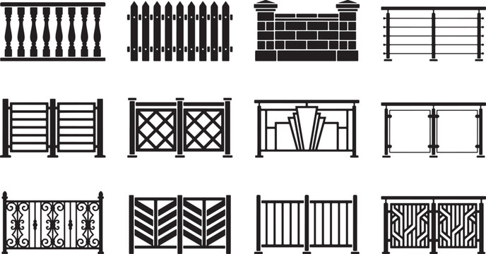 Set of various fence and railing designs in black silhouette style for architectural and construction project elements