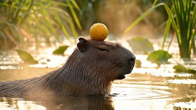 Side profile of a capybara standing in misty water with a small orange fruit balanced on its head during golden hour, surrounded by aquatic plants and soft sunlight.