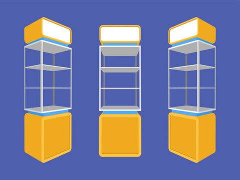 3D vector illustration of retail display showcase with glass shelves and blank header from three different angles. Blank mockup stand for product promotion, POS, and exhibition design.
