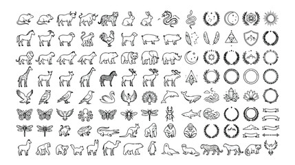 動物、昆虫、海洋生物、神話上の生き物など、多様な生物を網羅した線画ベクターアイコンセット。自然、野生動物、環境保護をテーマにしたデザインに最適な、ミニマルでモダンなイラスト素材。 © Faizan